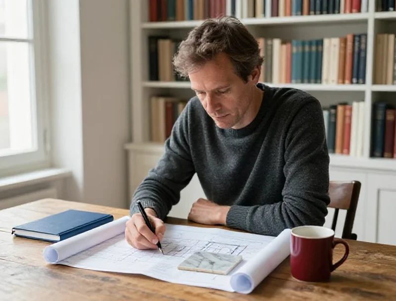 Un homme analyse divers documents et objets pour illustrer la synthèse d'informations transversales.